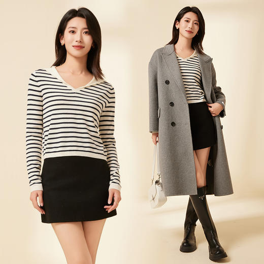 I'd爱帝绵羊毛海军领长袖条纹打底衫 商品图2