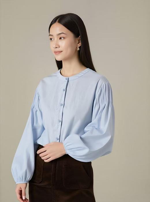 【秋新品）古泥品牌7868 100%棉泡泡袖圆领宽松衬衫-喜出 商品图1