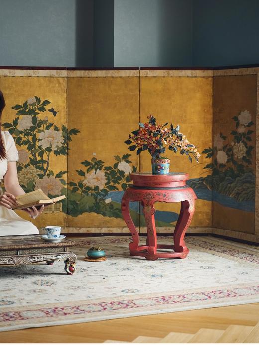 独角鹿西洋古董 1930年代中国出品传统花叶主题红漆木精雕镶嵌掐丝珐琅面圆几/花架 商品图1