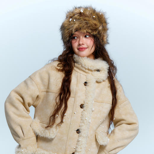 三彩独醒2025冬季新款环保皮草立领毛毛外套短款宽松甜酷F 商品图2