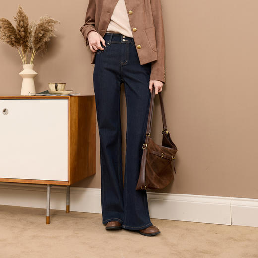 三彩2025冬季新款微喇牛仔裤高腰喇叭裤一体绒磨毛长裤S 商品图2