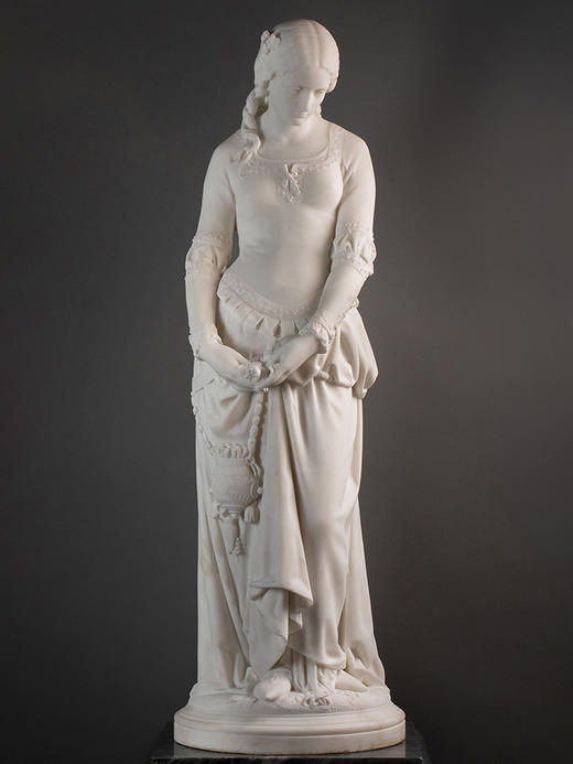 独角鹿西洋古董1870年代法国雕塑家Emile BOISSEAU签名创作大理石底座嵌梅菲斯特头像青铜精雕装饰人物主题卡拉拉大理石雕塑作品《玛格丽特》 商品图2