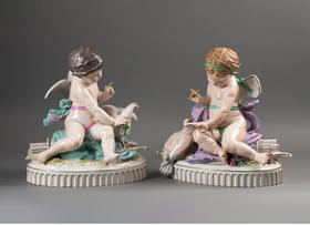 独角鹿西洋古董 19世纪法国著名瓷器工坊Locré出品爱神小天使主题描金彩绘瓷偶一对