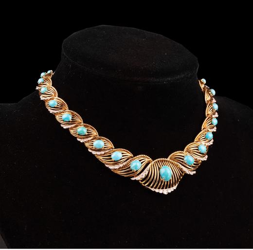 独角鹿西洋古董 法国珠宝品牌出品编织纽纹造型18K黄金白金镶嵌钻石及绿松石项链 商品图0