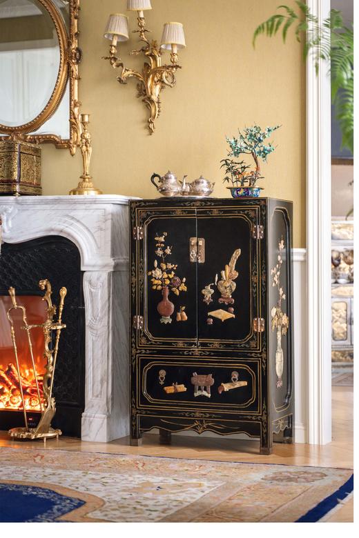 【已售】独角鹿西洋古董 中国出品博古清供主题寿山石镶嵌黑漆描金边柜 商品图0