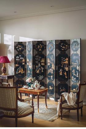 【已售】独角鹿西洋古董 中国创汇时期出品庭院人物主题百宝嵌装饰螺钿黑漆描金双面六曲屏风
