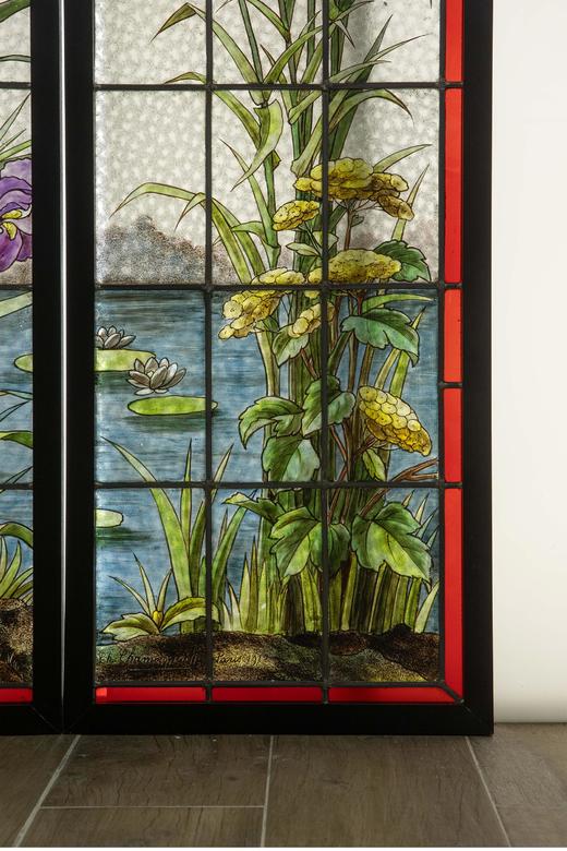 独角鹿西洋古董 法国新艺术风格时期著名工坊Ch. Champigneulle签名出品水岸风光主题彩绘玻璃花窗一对 商品图2