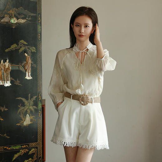 会员福利【天丝莱赛尔+刺绣】会拉夏贝尔/La Chapelle圆领立体蝴蝶系带七分袖小衫上衣2025年新款 商品图5