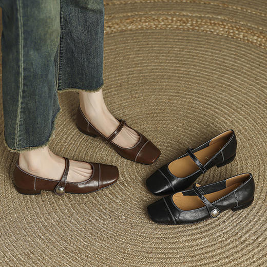 【预售5天】复古风时尚秋季新款方头平底单鞋一字带玛丽珍浅口小皮鞋HCYYHD&6449 商品图4