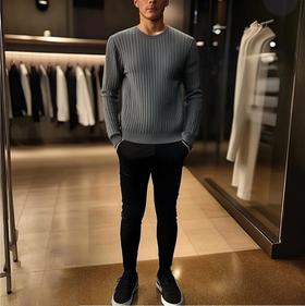 秋冬新款男装针织麦穗提花经典圆领竖条纹毛衣男士打底衫纯色圆领毛衫针织衫