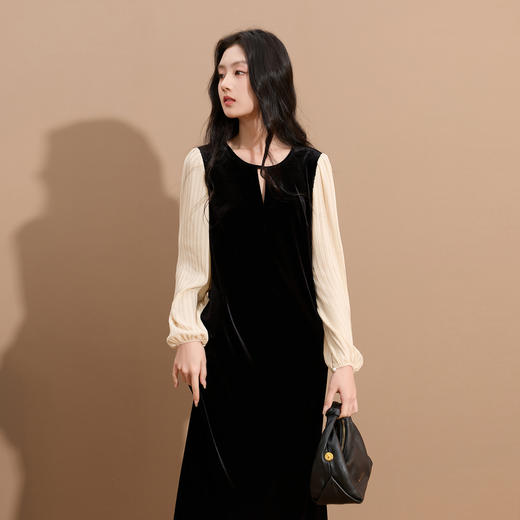 三彩2025冬季新款假两件丝绒连衣裙开叉长裙复古直筒裙优雅S 商品图1
