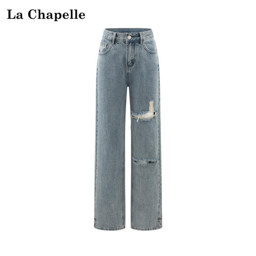 会员福利【高棉/柔垂】拉夏贝尔/La Chapelle一粒扣破洞牛仔裤女通勤高腰时尚休闲百搭直筒裤秋季新款 商品图0