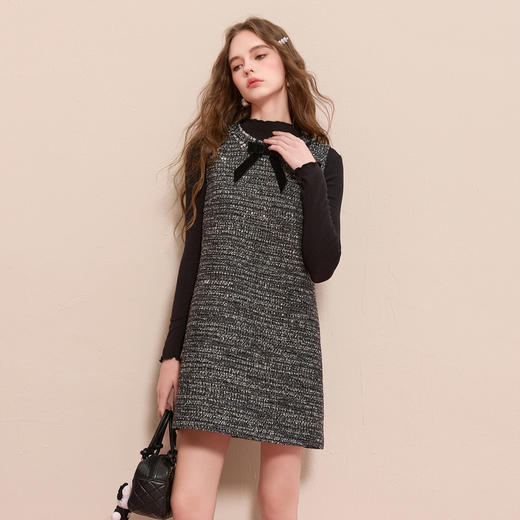 三彩2025冬季新款香风背心裙圆领无袖连衣裙叠穿短裙M 商品图2