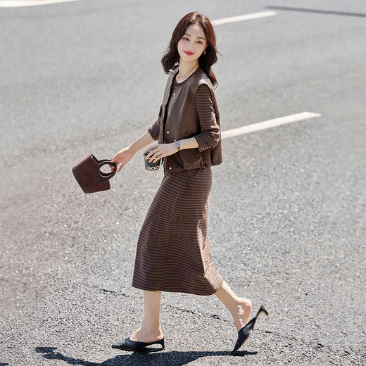 休闲百搭皮马甲条纹裙，套装两件套长袖连衣裙HR-YF2622 商品图3
