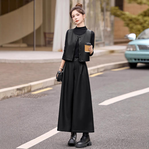 轻熟通勤风PU皮马甲阔腿裤套装，时尚气质石墨两件套HR-GJC2591 商品图2