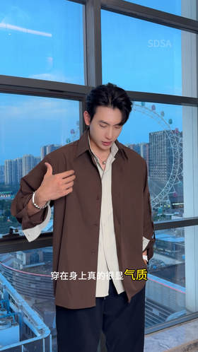 23643SDSA男士秋冬新款痞帅男装潮牌撞色领带长袖衬衫复古网红款衬衣