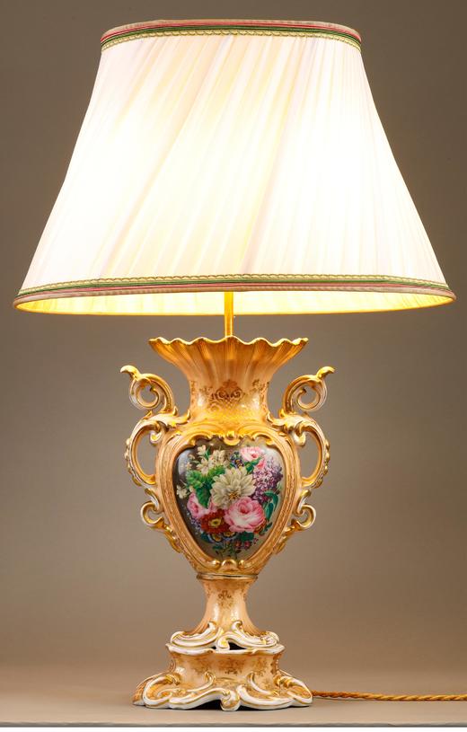 独角鹿西洋古董 19世纪末法国出品路易十五风格静物花卉主题手绘描金瓷瓶装饰布面百褶灯罩台灯 商品图1