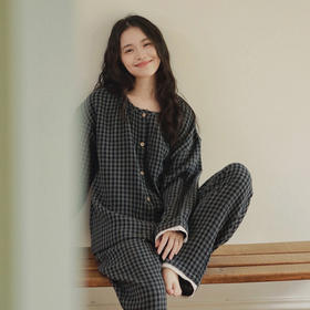 2025秋新款！纯棉双层纱布长袖格纹家居服 松弛有度全棉睡衣套装 女春秋季