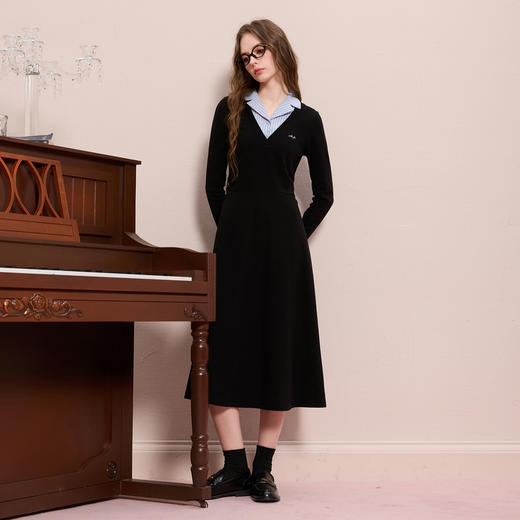 三彩2025冬季新款假两件连衣裙刺绣收腰A字裙长裙M 商品图3