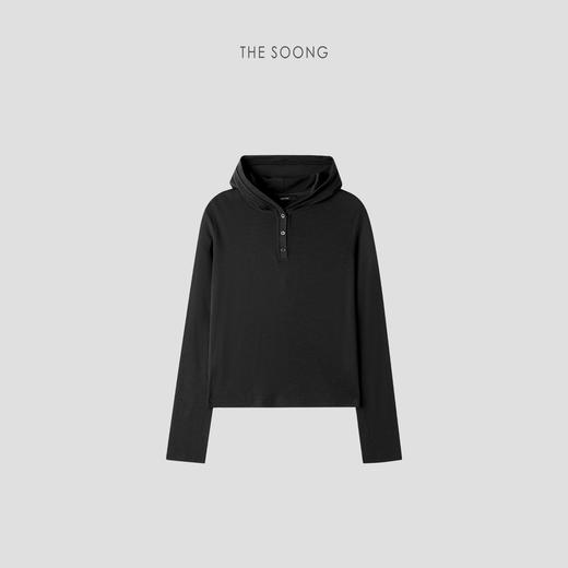 THESOONG|’轻薄羊毛‘经典亨利领黑色连帽亲肤长袖打底衫女HBTX7430 商品图2