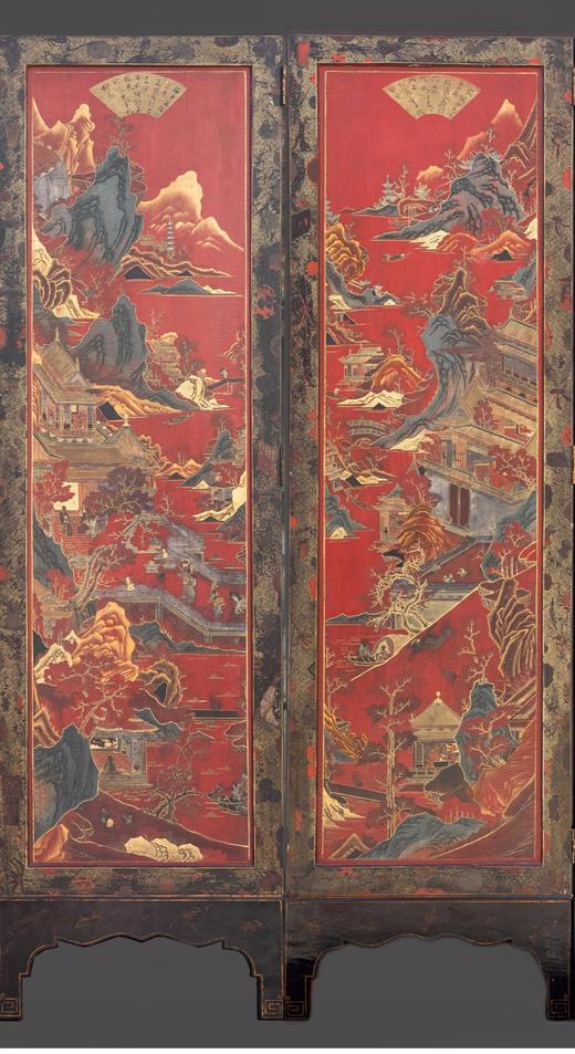 独角鹿西洋古董 19世纪中国出品山水亭台主题描金装饰红漆地款彩双面六曲屏风 商品图3