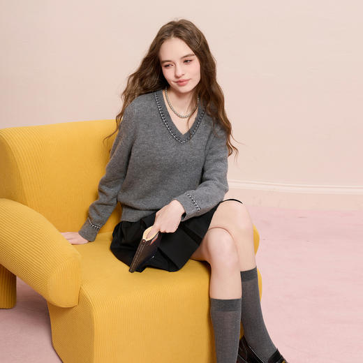 【绵羊毛】三彩2025冬季新款V领针织衫宽松毛衫套头休闲M 商品图2