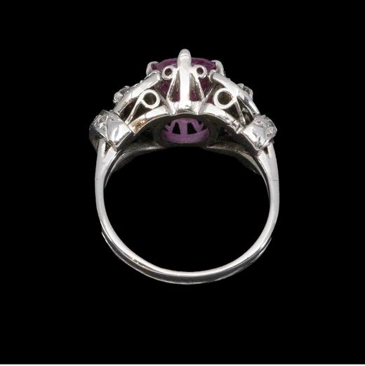 独角鹿西洋古董法国出品叶纹造型白金镶嵌钻石及粉色蓝宝石戒指 商品图4