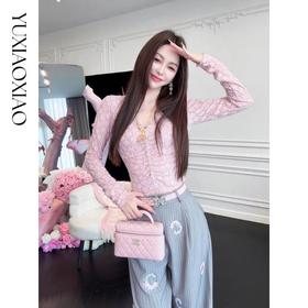 余潇潇【爱意初秋】亚麻混纺层次感抽褶设计烫钻提花V领修身上衣