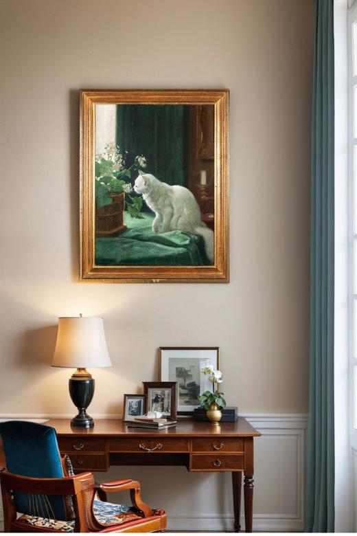 独角鹿西洋古董 德裔匈牙利画家Arthur Heyer签名创作白猫嗅花主题布面油画客厅装饰画 商品图1