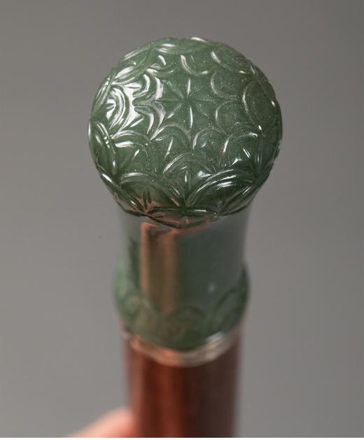 独角鹿西洋古董 法国出品Milord款式纯银环箍翡翠雕花杖柄装饰紫檀木杖身牛角杖脚古董手杖 商品图3