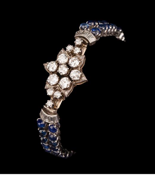 独角鹿西洋古董 珠串花缎造型铂金白金镶嵌蓝宝石及钻石可替换式手链套件 商品图0