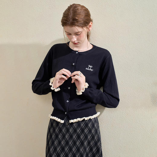 西遇字母刺绣圆领针织衫女2025秋季新款花边下摆假两件休闲开衫H0055175 商品图2