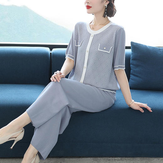 E2256气质女装中年妈妈时尚阔腿裤套装夏季短袖薄款冰丝针织休闲两件套 商品图2