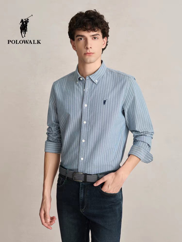 XXM POLOWALK长袖衬衫男士秋冬新款条纹纯棉时尚休闲商务衬衣内搭上衣