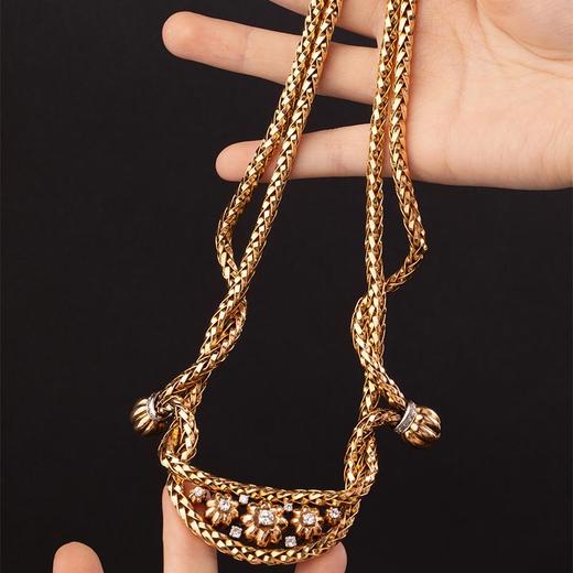 独角鹿西洋古董 1940年代法国珠宝世家Mauboussin出品18K黄金镶嵌钻石花朵造型编织纹理项链 商品图2