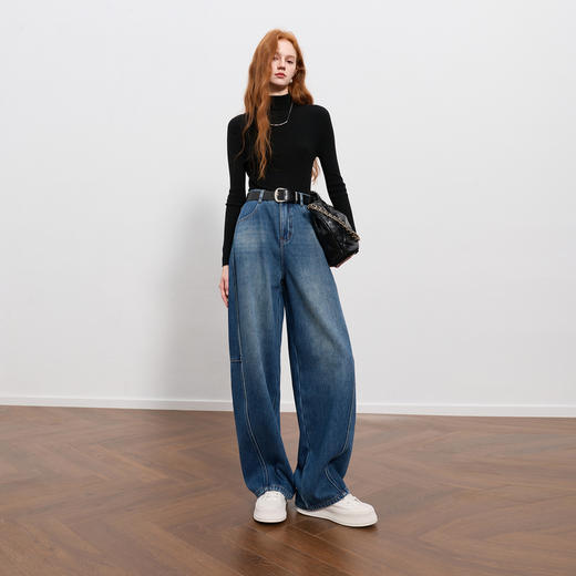 【加绒】三彩2025冬季新款弯刀牛仔裤休闲宽松长裤简约M 商品图1