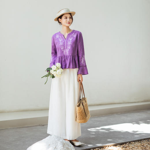 【林栖设计小店】【林栖推荐】薰衣草紫亚麻呼吸透气清爽V领上衣女N1953332 商品图1