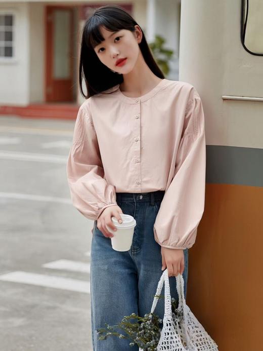 【秋新品）古泥品牌7868 100%棉泡泡袖圆领宽松衬衫-喜出 商品图6