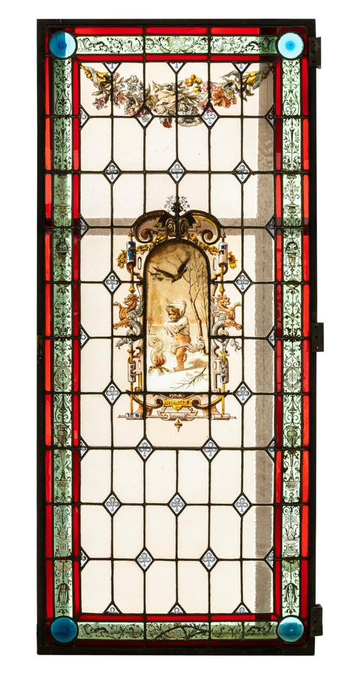 独角鹿西洋古董 1886年法国玻璃艺术大师C. Pizzagalli签名创作出品四季天使主题彩绘玻璃花窗一组 商品图3