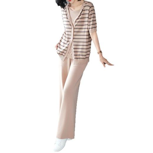 SC21-93022025夏季新款针织衫短袖T恤冰丝套装女条纹开衫阔腿裤两件套T恤潮 商品图4