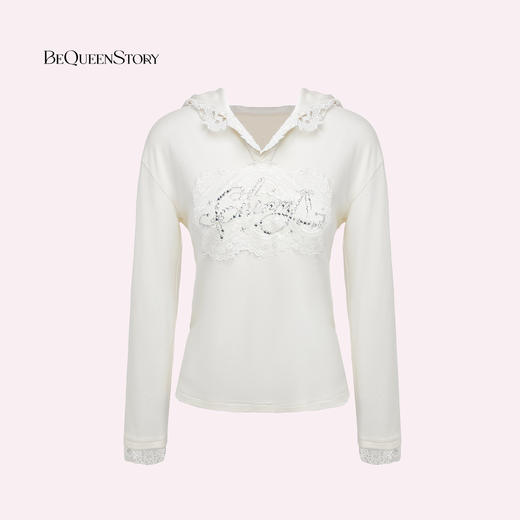 余潇潇【心动街区】莫代尔棉层次感挺阔拼蕾丝烫钻连帽空气层卫衣 商品图2