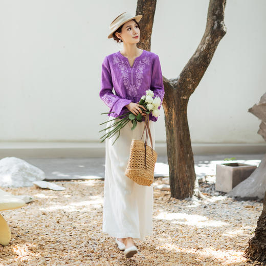 【林栖设计小店】【林栖推荐】薰衣草紫亚麻呼吸透气清爽V领上衣女N1953332 商品图6