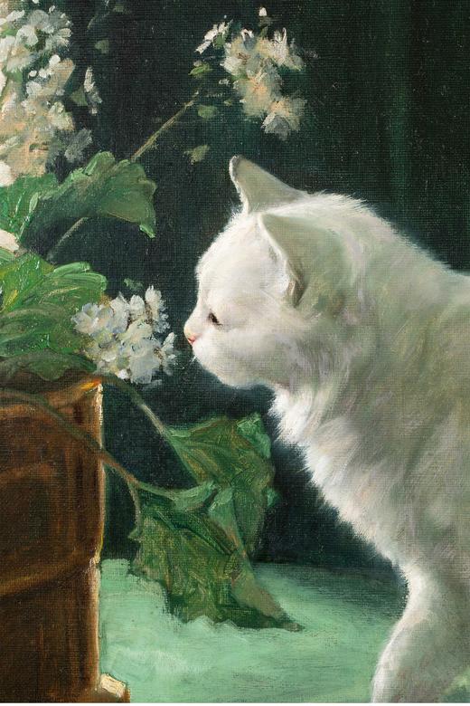 独角鹿西洋古董 德裔匈牙利画家Arthur Heyer签名创作白猫嗅花主题布面油画客厅装饰画 商品图5