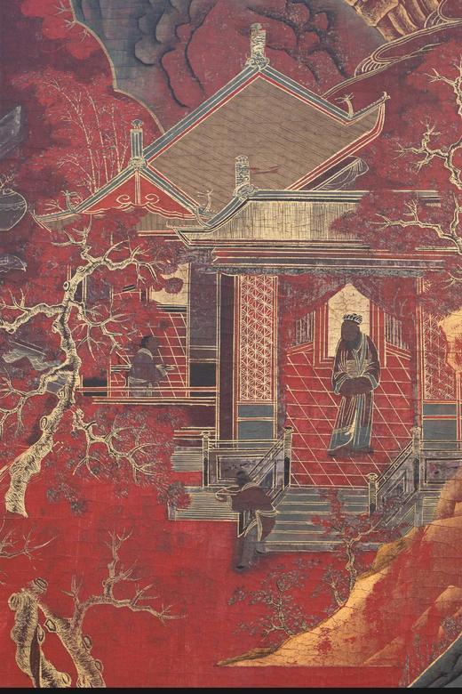 独角鹿西洋古董 19世纪中国出品山水亭台主题描金装饰红漆地款彩双面六曲屏风 商品图8