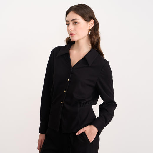 EITIE爱特爱黑色翻领收腰显瘦气质通勤长袖上衣2025秋冬新款衬衫D2509901 商品图1