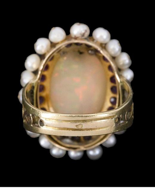 独角鹿西洋古董 1890年代法国出品18K黄金镂雕戒托镶嵌欧泊石天然海水珍珠及红宝石戒指 商品图4