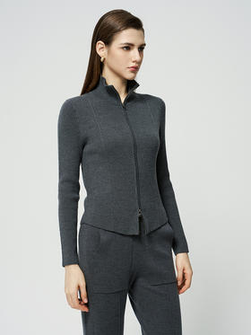 【运动休闲针织外套】25年秋冬新品女士100%绵羊毛时尚立领双拉链修身运动外套