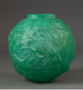 【已售】独角鹿西洋古董 法国顶级水晶工坊莱俪LALIQUE设计出品「Formose 锦鲤」主题绿色欧泊水晶花瓶摆件