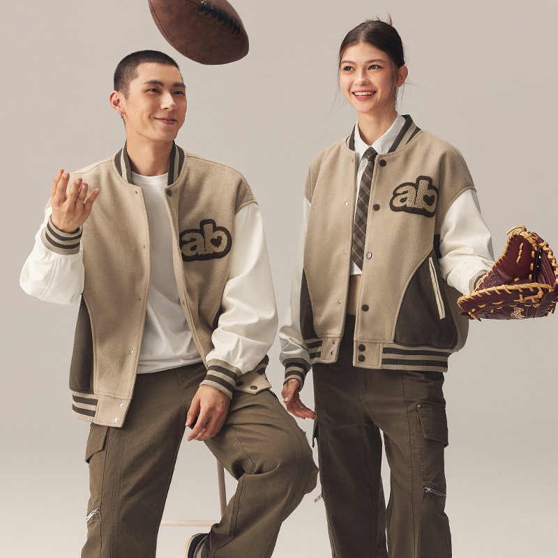 CHINISM CHab毛巾绣美式复古棒球服男女秋冬加厚拼接夹克情侣外套