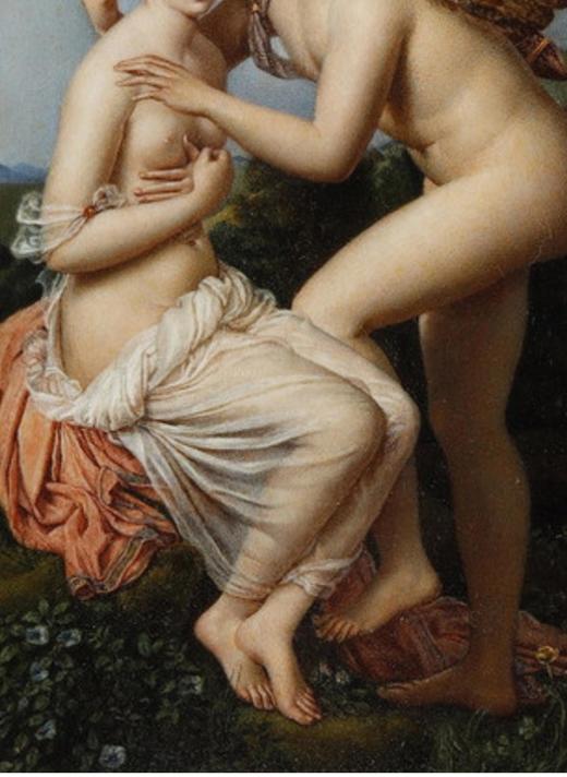 独角鹿西洋古董 1859年代法国出品鎏金灰墁木框装饰画家J. Barret du Coudert签名创作细密画作品《普赛克和丘比特》 商品图4